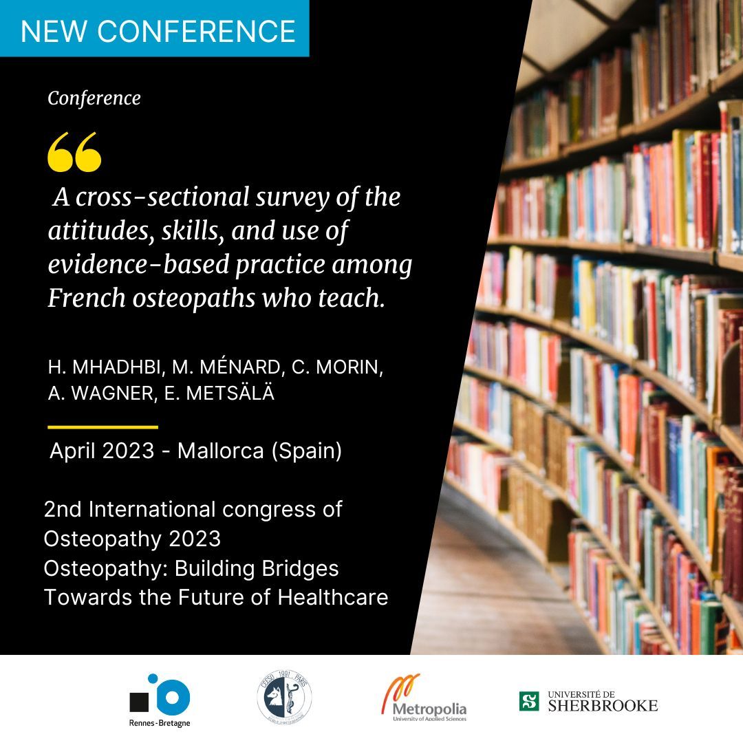 A cross-sectional survey of the attitudes, skills, and use of evidence-based practice among French osteopaths who teach.